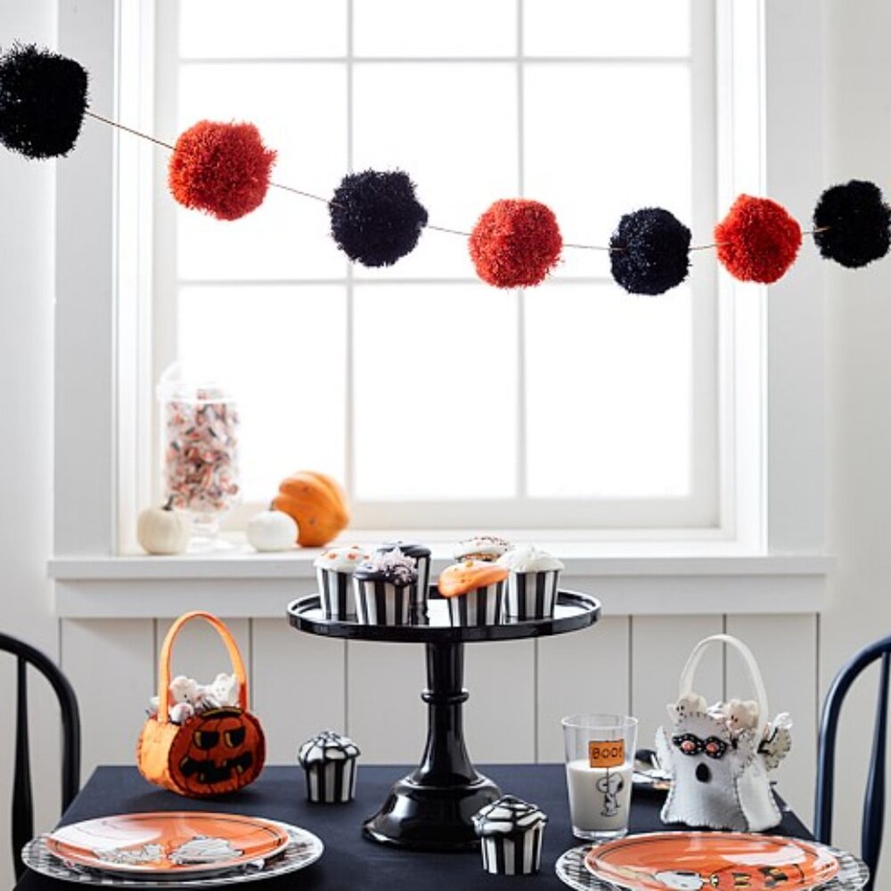 POTTERY BARN KIDS ~ Orange & Black Large Raffia Pom Pom Garland 6' long